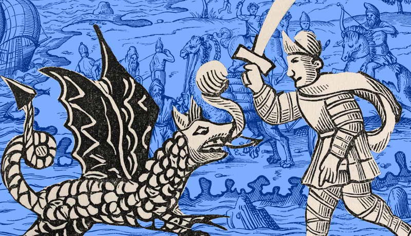 Knight fighting a dragon woodcut illustration