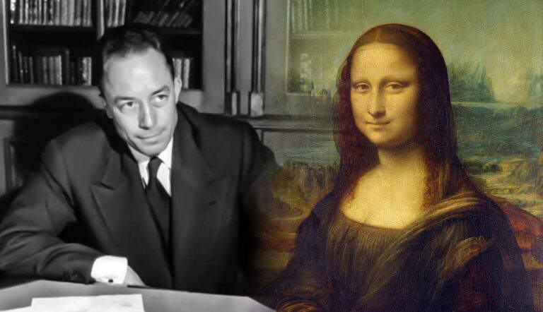 Albert Camus beside the Mona Lisa