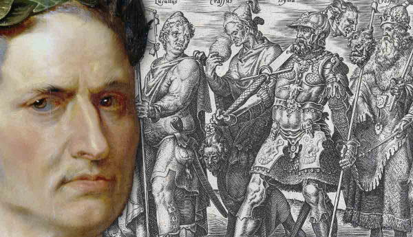 Roman emperor portrait beside vintage engraving