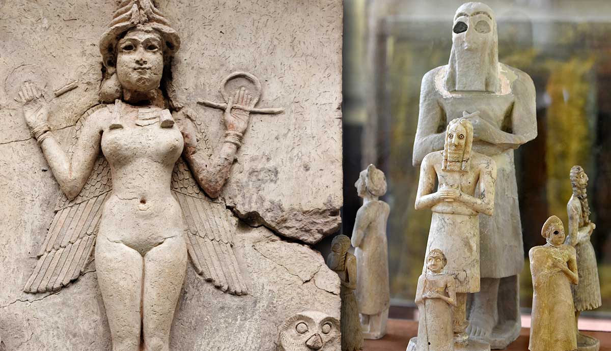 Ancient Mesopotamian reliefs and Sumerian Worshipper Statues