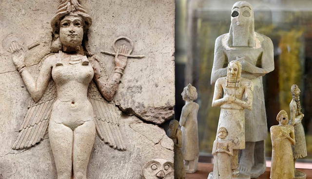 Ancient Mesopotamian reliefs and Sumerian Worshipper Statues