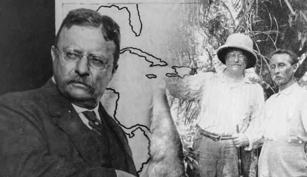 Theodore Roosevelt portrait overlaid with a Caribbean map and expedition photo