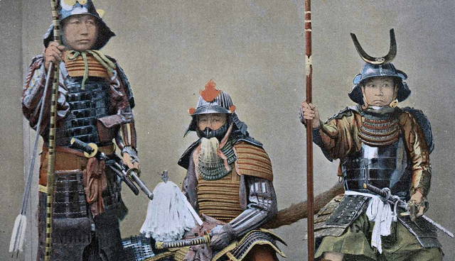 three samurai with armor weapons