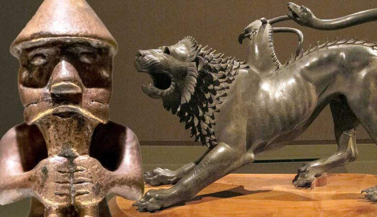 Thor figurine with Chimera of Arezzo sculpture