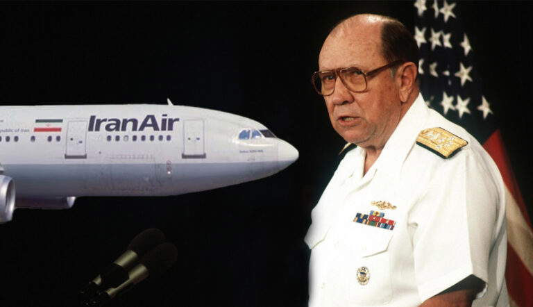 Admiral William Crowe beside an Iran Air plane