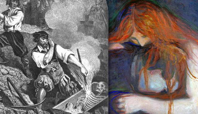 Vampire, by Edvard Munch with Engraving entitled “Death of a Bohemian Vampire”