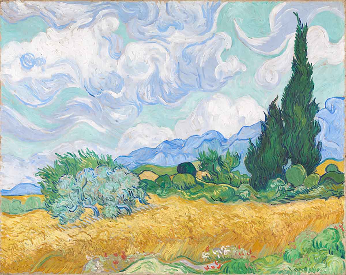 van gogh a wheatfield with cypresses