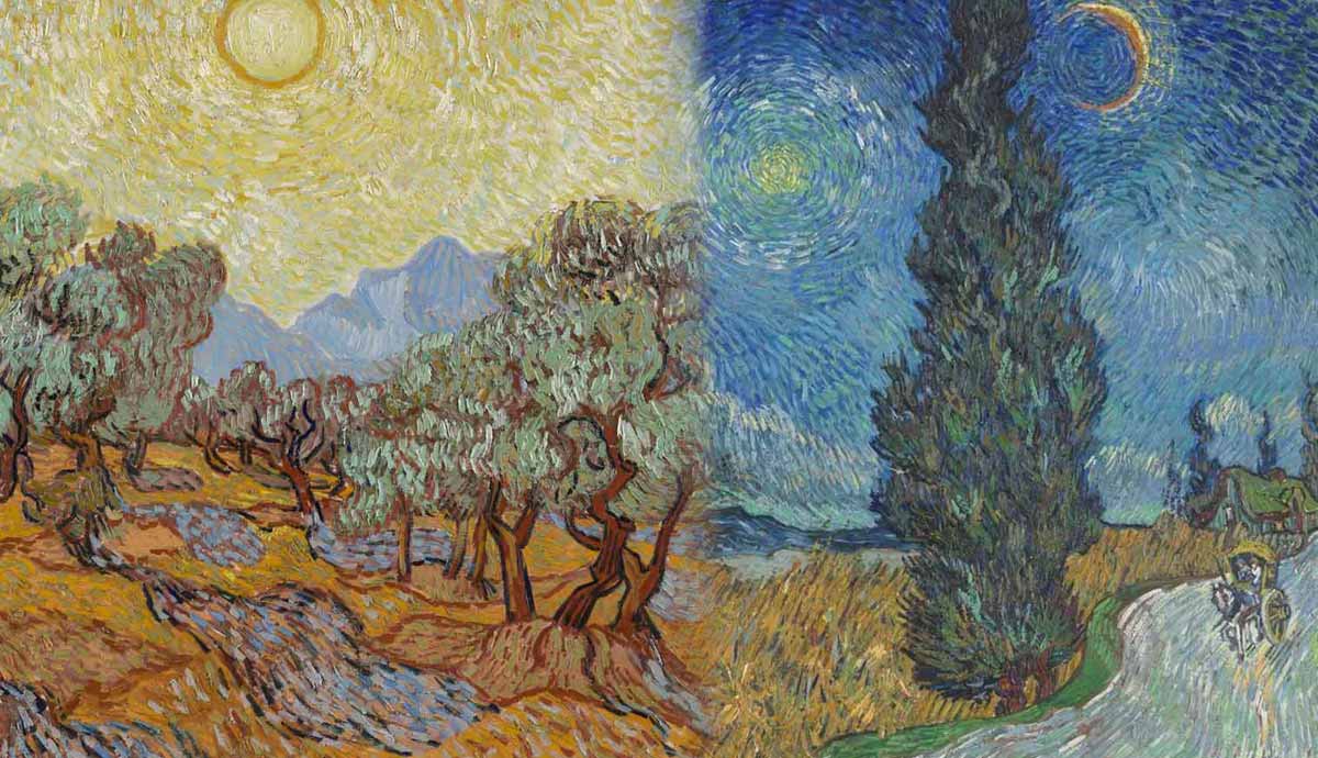 two paintings by Vincent van Gogh Olive Trees and Country road in Provence by night