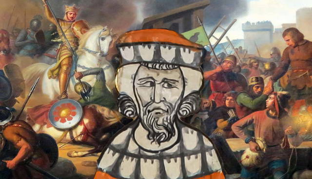 Medieval battle painting with cutout figure overlay
