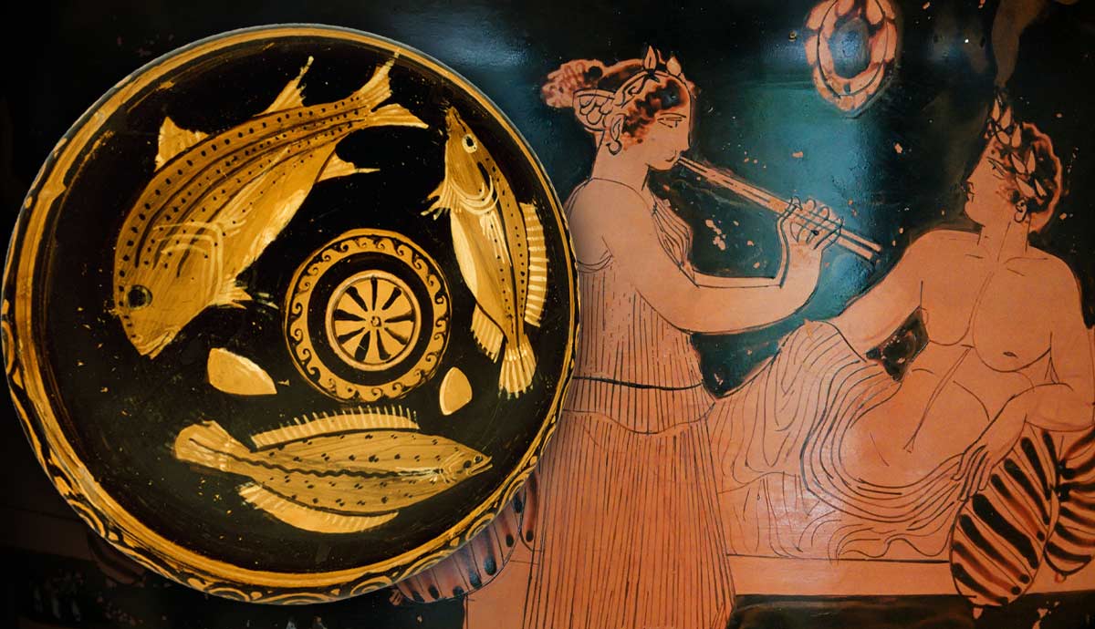 Ancient Greek plate with fish art and symposium scene krater