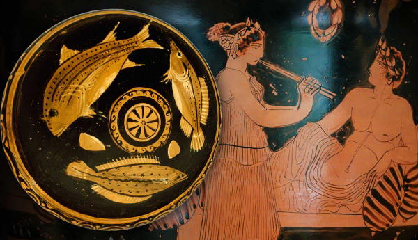 Ancient Greek plate with fish art and symposium scene krater
