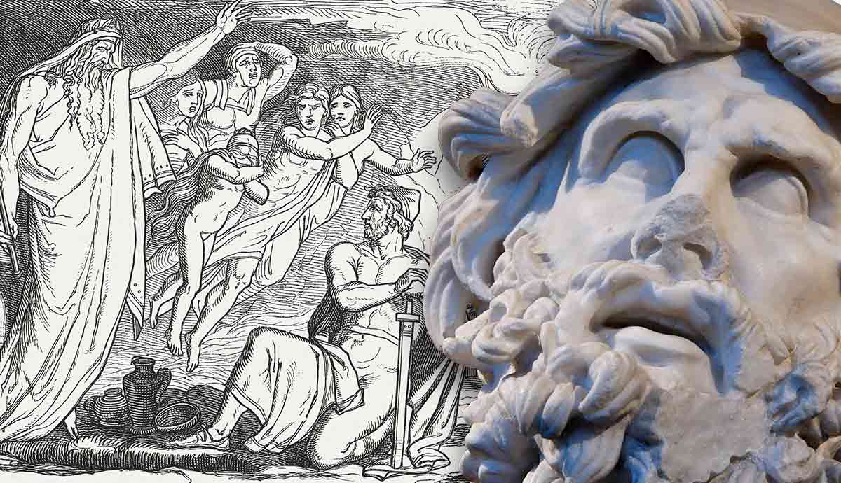 Classical art depicting Greek gods with odysseus sculpture head
