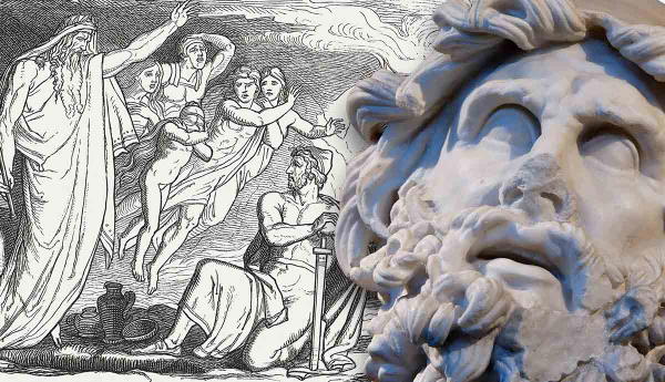 Classical art depicting Greek gods with odysseus sculpture head