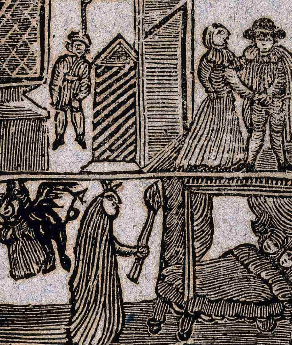 witch hanging demon kidnapping couple cursed woodcut 1720