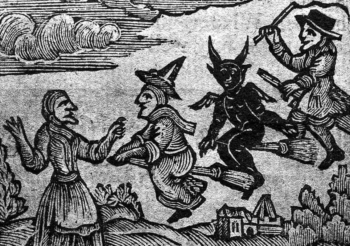 witch riding broom with devil pamphlet image 1720