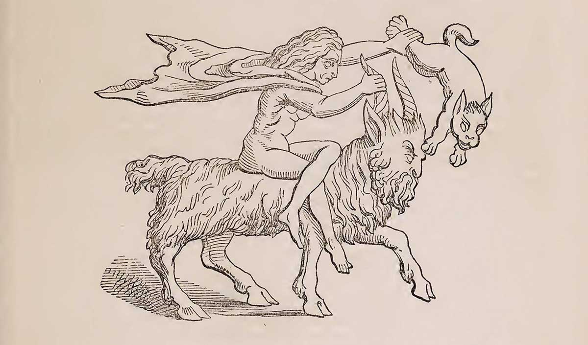 witch riding demon holding cat pamphlet 1866