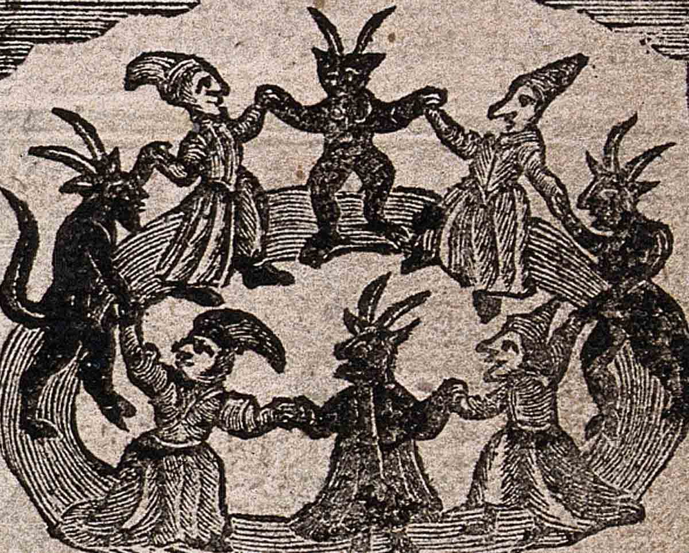 witches devils dancing in circle woodcut
