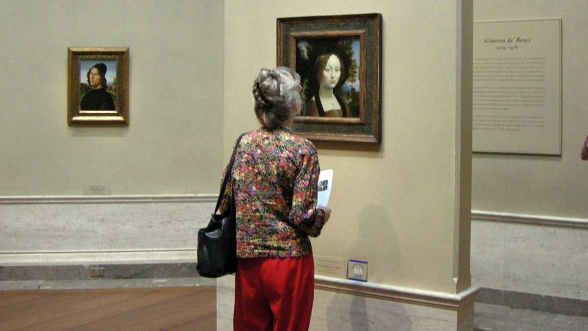 woman admiring leonardo painting american museum