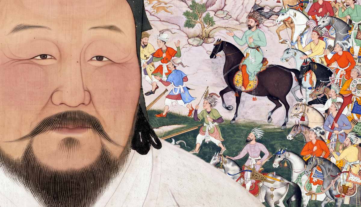 Portrait of Kublai Khan over a Mongol battle scene.