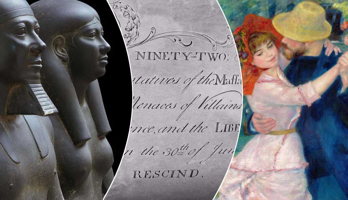 Three works in the Boston Museum of Fine Arts; Renoir painting, Sons of Liberty bowl, Egyptian statue