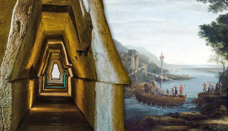 A composite image showing Sibyl's Cave and Aeneas' arrival.