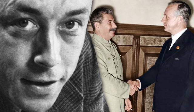Albert Camus superimposed over Stalin and Ribbentrop shaking hands.