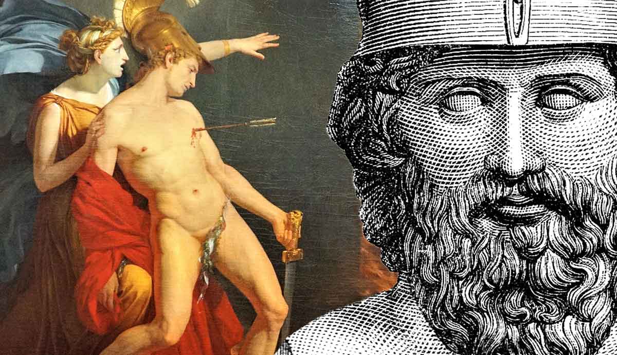 Classical painting of Alcibiades and ancient philosopher engraving