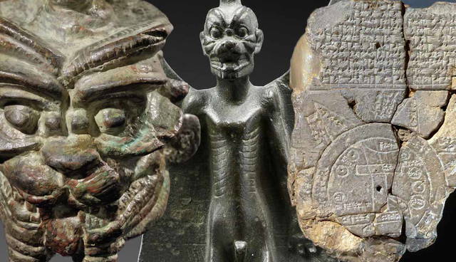 Ancient Mesopotamian Pazuzu demon statue and world map tablet.