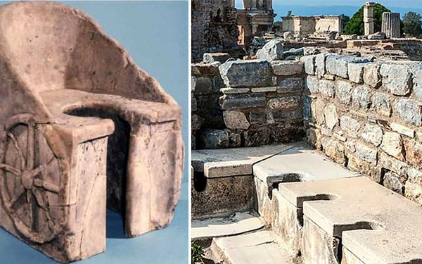 Marble latrinae shaped like a chariot with Roman public toilets