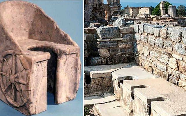 Marble latrinae shaped like a chariot with Roman public toilets
