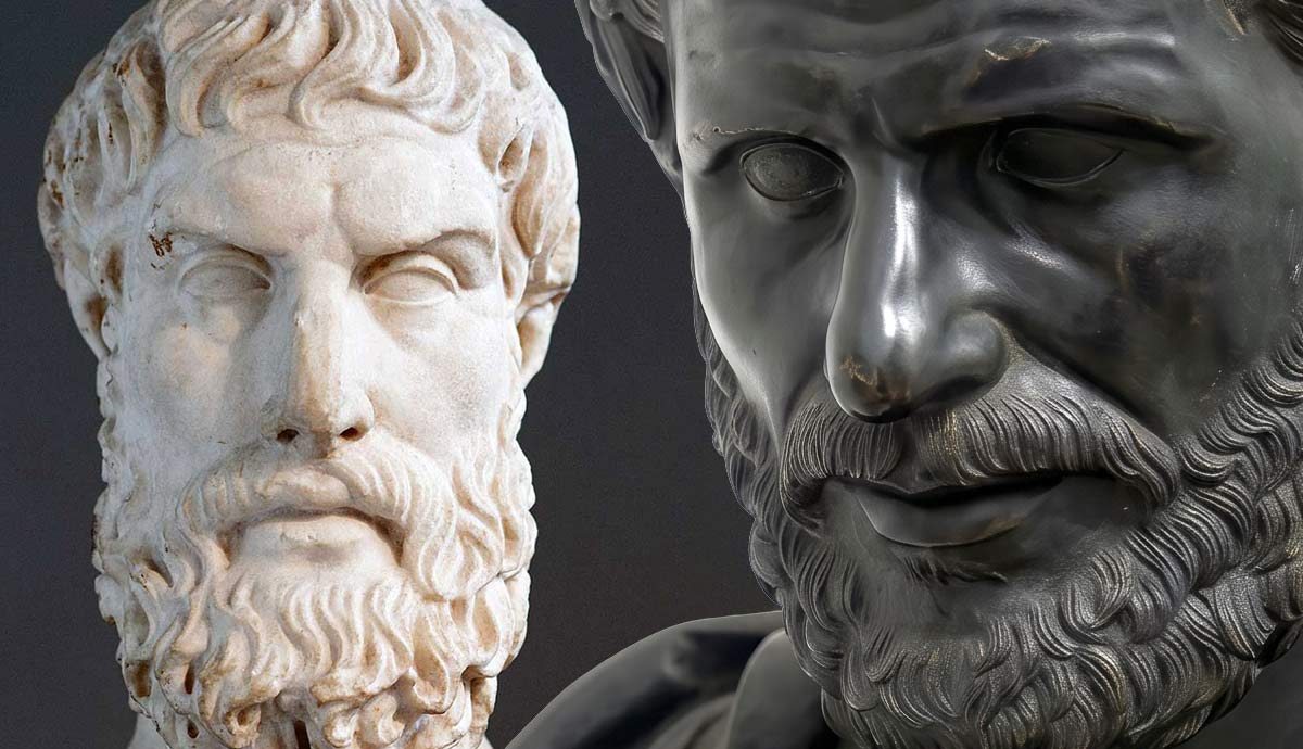Ancient Greek philosopher busts of Epicurus and Heraclitus