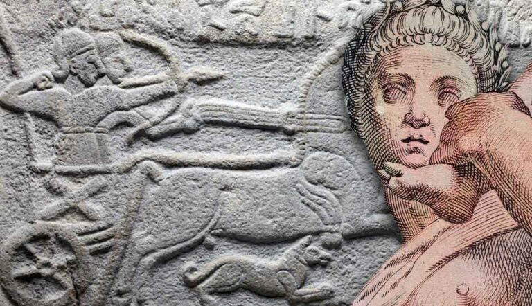 Ancient relief of chariot archers beside a classical engraving
