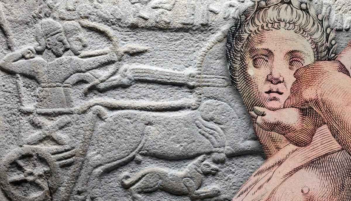 Ancient relief of chariot archers beside a classical engraving