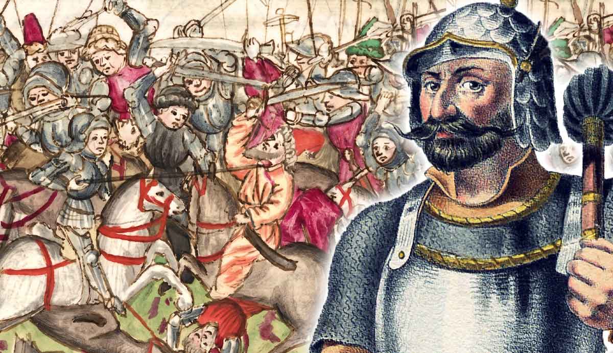 An illustration of a medieval battle and a warrior