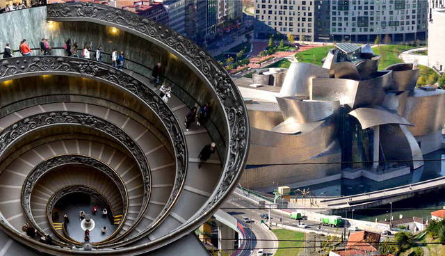 An ornate spiral staircase and a metallic modern building