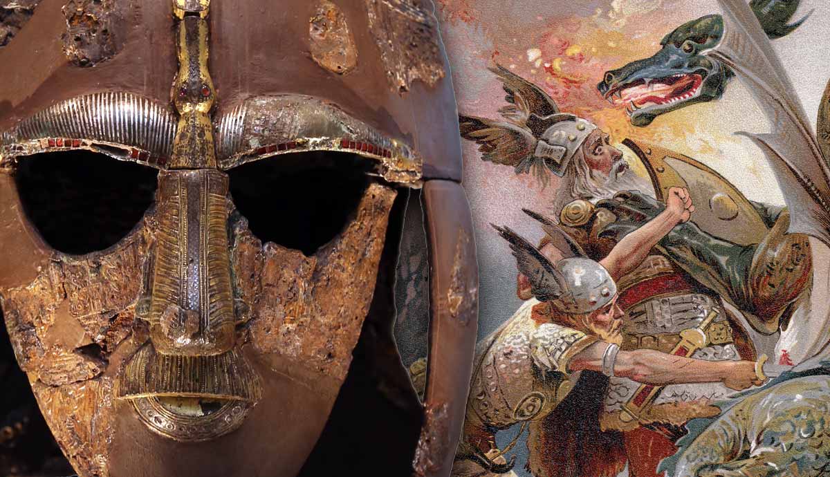 Sutton Hoo helmet and Norse illustration