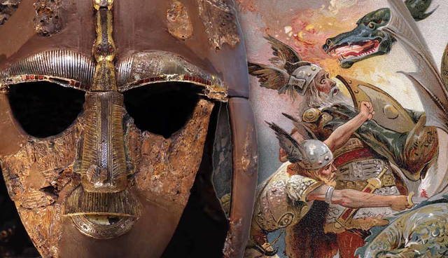Sutton Hoo helmet and Norse illustration