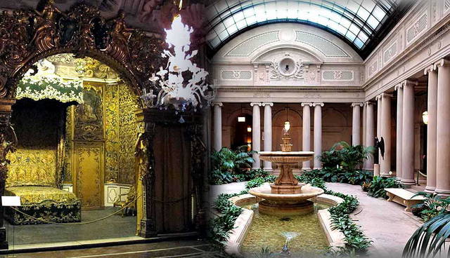 Split image showing a Bedroom at the Palazzo Mansi and classical courtyard.