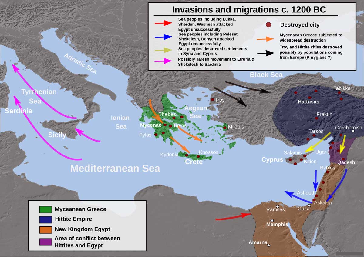 Invasions, destruction, and population movements during the Late Bronze Age collapse, map by Alexikoua. Source: Wikipedia