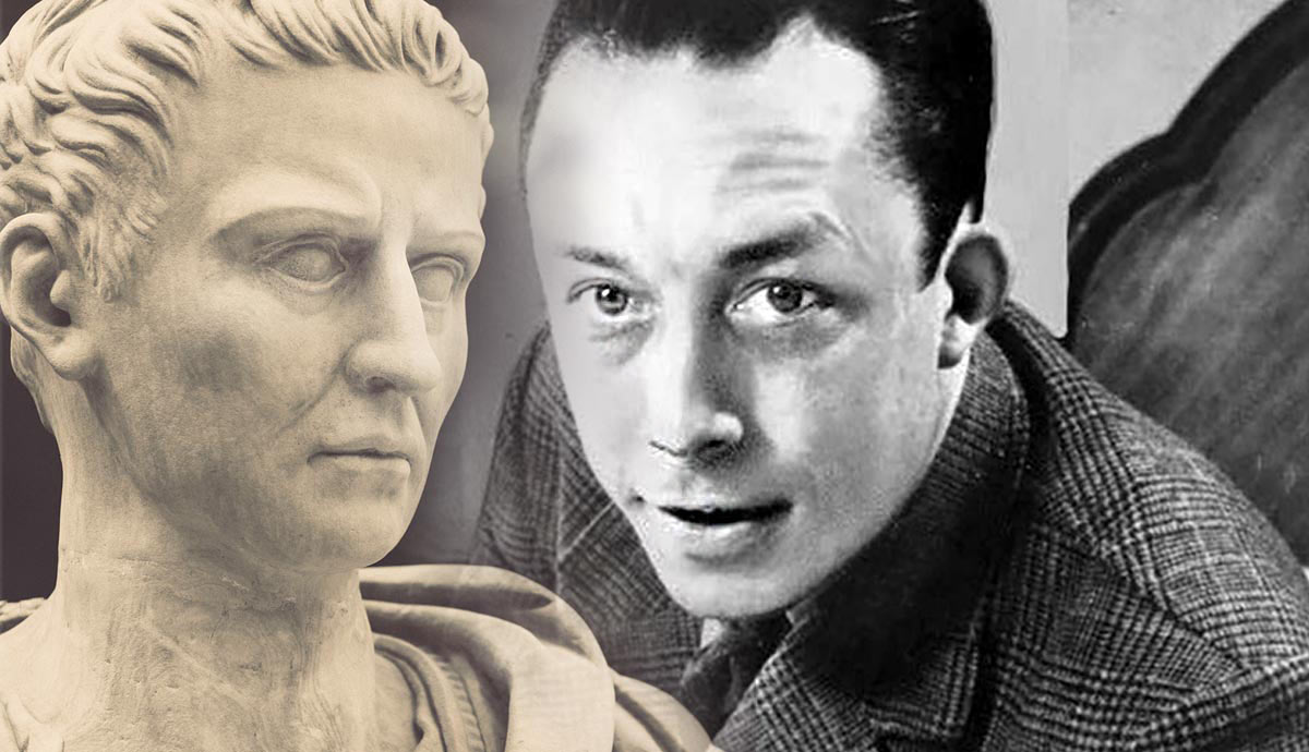Bust of Caligula next to Albert Camus