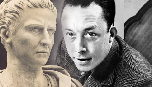 Bust of Caligula next to Albert Camus