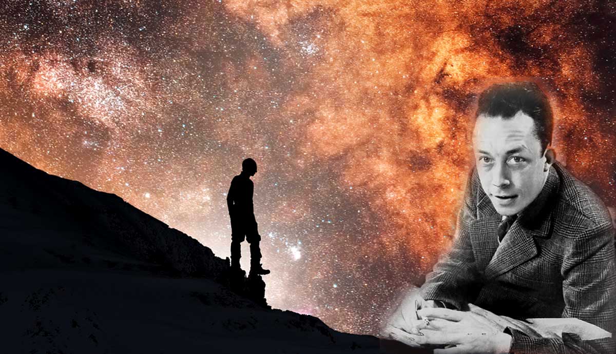 Albert Camus against a starry nebula