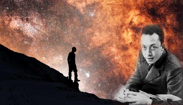 Albert Camus against a starry nebula