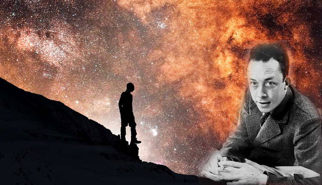 Albert Camus against a starry nebula