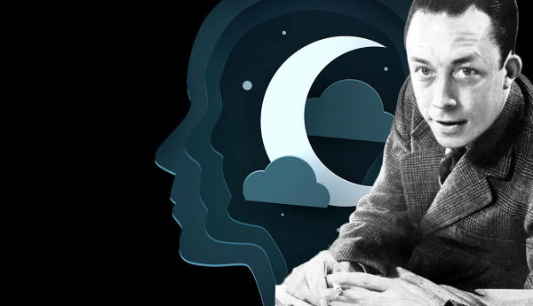 Albert Camus beside a stylized silhouette and moon