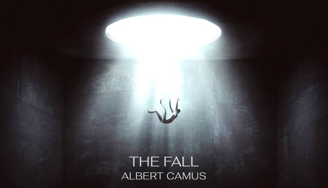 A person falling through a beam of light with camus the fall title