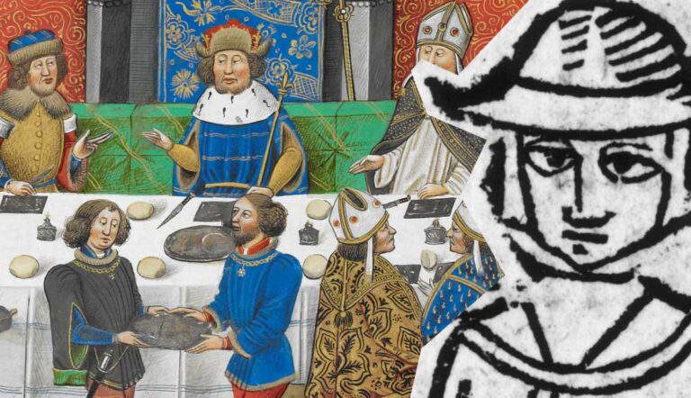 Medieval banquet scene and portrait illustration overlay
