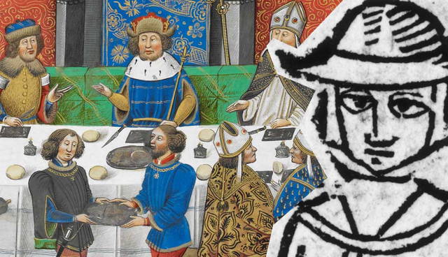 Medieval banquet scene and portrait illustration overlay