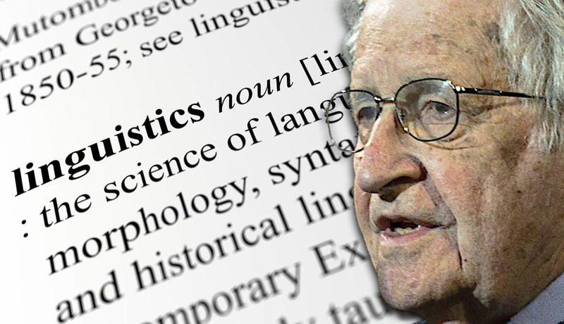 Noam Chomsky superimposed over a linguistics dictionary definition