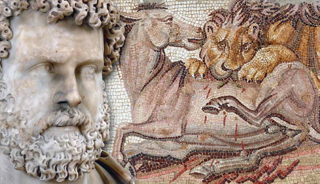 A Roman marble bust beside a lion-horse mosaic